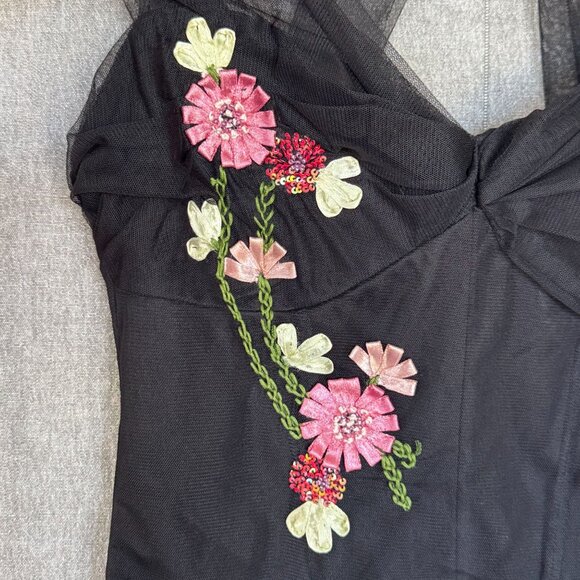 Vintage Y2K Charlotte Russe Black Tulle Satin Floral Applique Off Shoulder Top - Picture 3 of 15